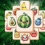 A colorful arrangement of cartoon-style fruit tiles featuring various smiling fruits, including a central watermelon surrounded by bananas, strawberries, and other playful designs, set against a vibrant green background