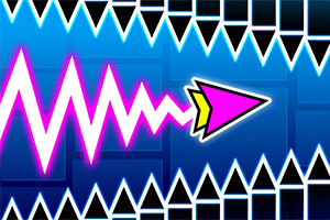 Neon pink zigzag trail and arrow flying through a blue corridor lined with white triangular spikes