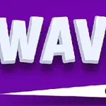 A vibrant graphic featuring the word WAVE in bold, 3D letters against a purple background, accompanied by a black ball and a white graphic element suggesting movement