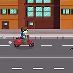 A pixelated scene depicting a character riding a red scooter on a city street, narrowly avoiding a large rolling boulder and surrounded by brown buildings with windows