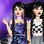 Two stylized characters with long braided black hair, one wearing a shimmering blue dress and the other in a checkered top with a wide-brimmed black hat, both showcasing bold makeup and fashionable accessories against a purple background