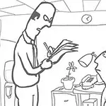 A black-and-white cartoon depicting an office scene with a tall, serious man taking notes while standing over a shorter man sitting at a desk, surrounded by a plant, a phone, and a framed picture of a rabbit on the wall