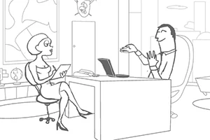 A black-and-white cartoon illustration of a woman sitting at a desk with a tablet, while a man in a suit gestures animatedly in a modern office setting