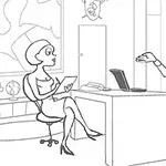 A black-and-white cartoon illustration of a woman sitting at a desk with a tablet, while a man in a suit gestures animatedly in a modern office setting