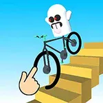 A cartoonish ghost character rides a black bicycle up a set of yellow stairs, with a hand pointing at the bicycle, against a bright blue sky backdrop