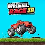 The image features a vibrant blue background with the title Wheel Race 3D at the top and a red monster truck with oversized tires in mid-air above a grassy surface