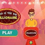 An animated game interface featuring a young contestant at a quiz show titled Who is the Kid Millionaire, with a vibrant background and a prominent PLAY button