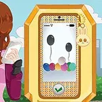 A young woman with long brown hair and purple eyes holds a smartphone displaying a colorful game featuring balloons, surrounded by a cityscape background