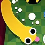 A colorful, cartoonish game scene featuring a yellow snake-like character, white circular objects, and a blue, shocked face character on a green checkered background