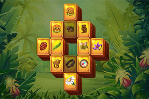 A colorful arrangement of wooden tiles featuring tropical-themed icons set against a lush jungle background