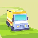 A colorful, cartoon-style delivery truck driving on a winding green road against a simple, light background