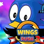 A cartoon blue bird character with large, expressive eyes is featured alongside the title Wings Rush 2 and a logo for Taptapking, set against a colorful, abstract background