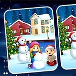 A vibrant winter scene featuring two children building a snowman, surrounded by cheerful snowmen, decorated trees, and snow-covered houses, showcasing a festive snowy landscape