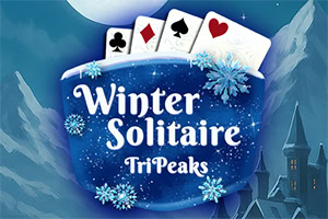 A winter-themed graphic featuring playing cards with a blue and white color scheme, decorated with snowflakes and a moonlit background