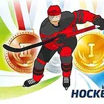 An illustrated hockey player in red and black gear skating with a hockey stick, set against a colorful background featuring gold and bronze medals, with the text Winter Sports Hockey Hero