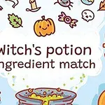A colorful and whimsical illustration featuring a cauldron with bubbling potion surrounded by Halloween-themed items like pumpkins, bats, leaves, and various magical ingredients, accompanied by the text Witchs potion ingredient match