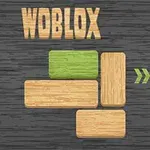 The image features the title WOBLOX in a wooden style font, above a puzzle layout consisting of wooden blocks—one green and several beige—set on a dark gray background, suggesting a game or logic puzzle theme