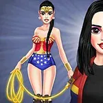 A stylized illustration featuring a character resembling Wonder Woman in her iconic costume, alongside another character with dark hair and a casual outfit, set against a dynamic, bright background