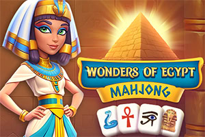 The image features an Egyptian-themed Mahjong game titled Wonders of Egypt, showcasing a stylized character in traditional attire alongside a pyramid and game tiles with various Egyptian symbols