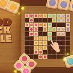 A colorful game interface showcasing Wood Block Puzzle 2, featuring a grid filled with blocks of various colors and a hand placing a block, surrounded by additional block pieces on a wooden background