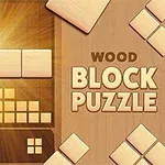 A visually appealing wooden block puzzle game interface featuring empty and filled blocks, with a warm light background and the title Wood Block Puzzle prominently displayed