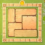 A wooden block puzzle featuring a square grid with various shaped tan blocks positioned in a way that suggests a need for rearrangement to fit them into the grid