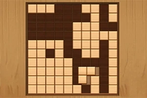 A wooden grid puzzle featuring a mix of brown and light-colored blocks arranged in a pattern, resembling a partially completed tangram or block puzzle