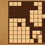 A wooden grid puzzle featuring a mix of brown and light-colored blocks arranged in a pattern, resembling a partially completed tangram or block puzzle