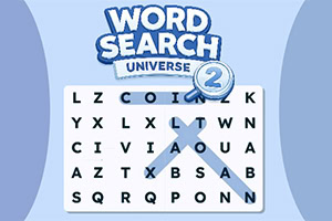 Word Search Adventure 2 logo above a letter grid with a blue magnifying glass overlay