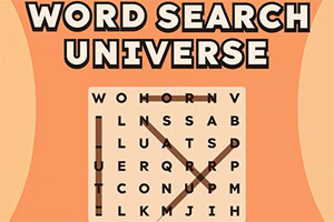 Word Search Universe title above a letter grid with several highlighted word paths on an orange background