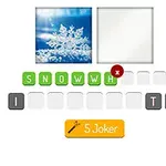 The image features a game interface displaying two images: one of a snowflake and another blank, alongside a word puzzle with letters that spell SNOW and placeholders for additional letters, indicating a guessing game related to winter themes