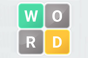 A grid of four colored squares with the letters W, O, R, and D displayed in white on a light background, featuring teal, gray, and yellow square buttons