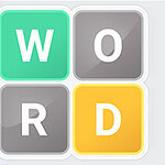 A grid of four colored squares with the letters W, O, R, and D displayed in white on a light background, featuring teal, gray, and yellow square buttons