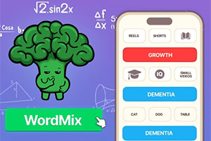 Cartoon green brain character beside a smartphone showing colorful category buttons on a purple background with math formulas