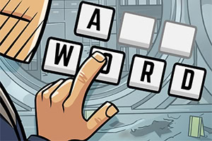 An illustration of a hand reaching to touch letter tiles that spell A WORD against a colorful, abstract background