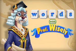 A whimsical, anthropomorphic character resembling a wise professor, wearing a graduation cap and a regal robe, stands next to the text words with Prof