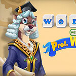 A whimsical, anthropomorphic character resembling a wise professor, wearing a graduation cap and a regal robe, stands next to the text words with Prof