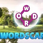 The image features the logo of the mobile game Wordscapes, set against a serene landscape with green trees and a water body in the background