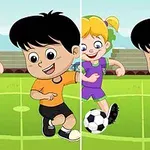 An animated scene shows two children, a boy and a girl, playing soccer on a grassy field, with the boy wearing an orange shirt and the girl in a purple outfit, both joyfully interacting with a soccer ball