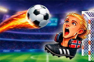 Fiery soccer ball flying toward a surprised blonde goalkeeper in front of a goal net
