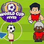 A colorful cartoon-style soccer game image featuring four animated players in national team jerseys surrounded by text that says World Cup Fever with a soccer ball in the center