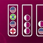 Three vertical test tubes containing colored circles with flags: the first has flags of Brazil and the USA, the second has the Qatar flag, and the third has more USA and Qatar flags, against a maroon background