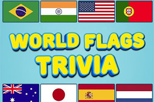 A colorful graphic featuring various country flags, including Brazil, India, the United States, Portugal, Australia, Japan, Spain, and the Netherlands, with the text WORLD FLAGS TRIVIA prominently displayed