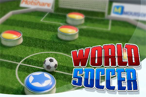 A stylized tabletop soccer field with a ball, round player tokens, goal, and bold World Soccer text