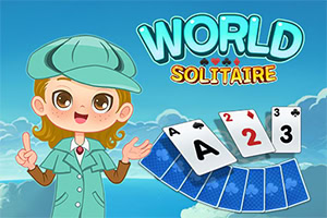 A cheerful character in a teal cap and coat stands beside a display of playing cards, featuring an ace, two, and three, with a colorful title above reading WORLD SOLITAIRE