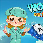 A cheerful character in a teal cap and coat stands beside a display of playing cards, featuring an ace, two, and three, with a colorful title above reading WORLD SOLITAIRE