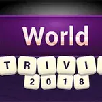 A vibrant purple graphic featuring the words World TRIVIA 2018 with stars on either side and letter tiles spelling out TRIVIA