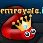 The image features a playful red cartoon snake wearing a gold crown with a diamond, alongside the text wormroyale