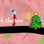 A playful illustration featuring a stick figure Santa on a black platform with a colorful Christmas tree beside him, set against a festive pink background adorned with Christmas trees and decorations