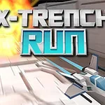 The image features the title X-TRENCH RUN prominently displayed above a futuristic white spacecraft navigating through a tunnel, with explosions visible in the background, suggesting a high-energy, action-packed theme